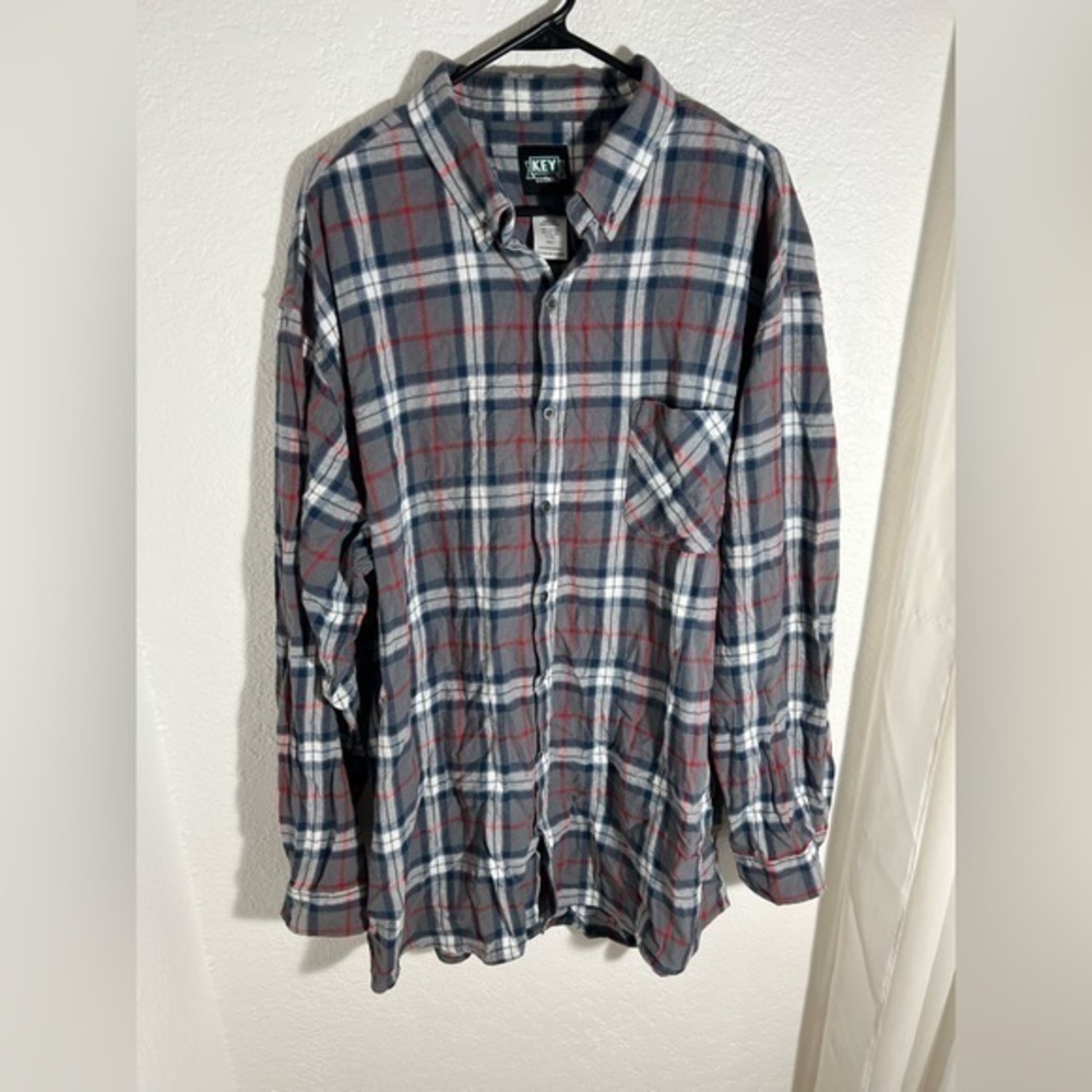 Key Long Sleeve Plaid Flannel Shirt Size 2XLT Gray Button Down Collar